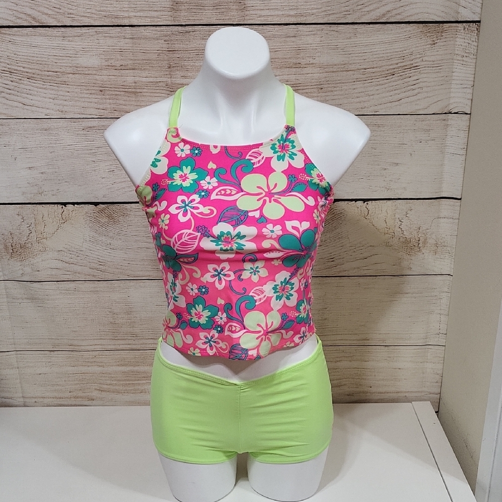 💘 OP Girls Floral Halter Top and Neon Shorts Swim Set XL